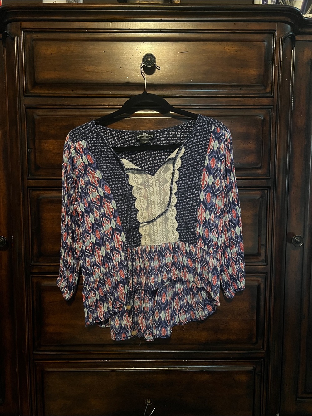 Angie Navy Blue & Pink Lace-Front Boho Tunic